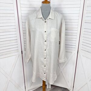 H&M Linen Button Up‎ Shirt Dress Beige Tan Medium Long Sleeve Beach Lagenlook